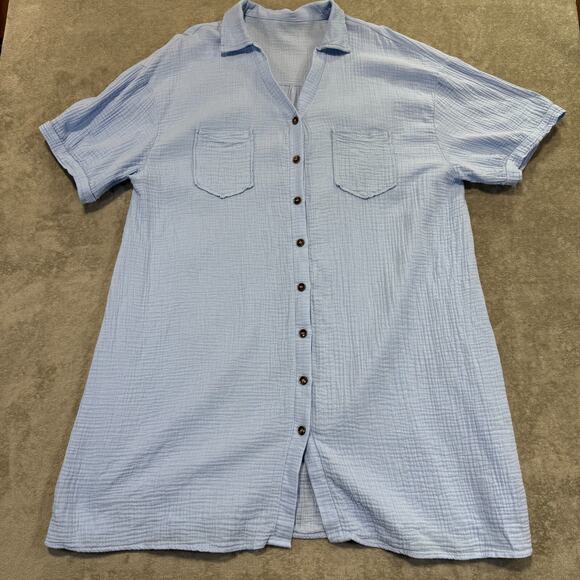 Women's 4XL Light Blue Gauze Button Up Shirt Dress Shein Curve Beach Cover Up - Picture 1 of 9